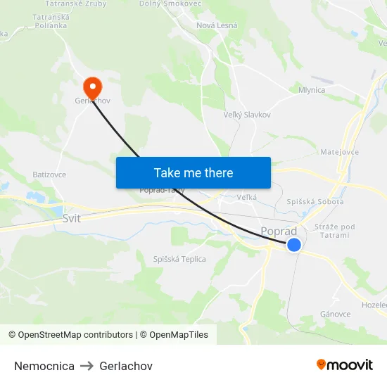 Nemocnica to Gerlachov map