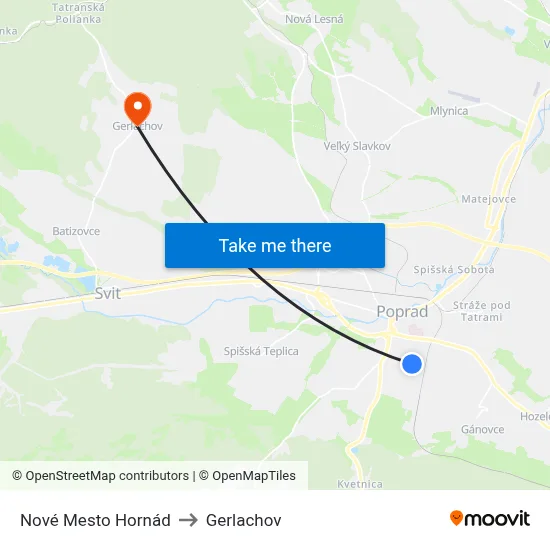 Nové Mesto Hornád to Gerlachov map