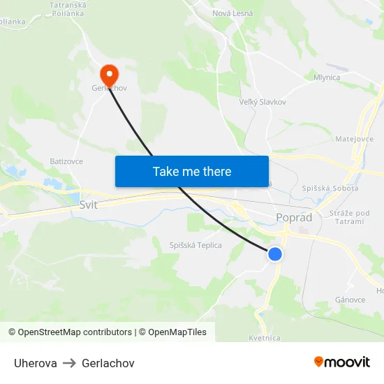 Uherova to Gerlachov map