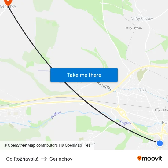 Oc Rožňavská to Gerlachov map