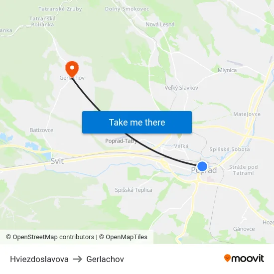 Hviezdoslavova to Gerlachov map