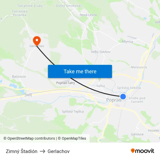 Zimný Štadión to Gerlachov map