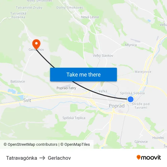 Tatravagónka to Gerlachov map