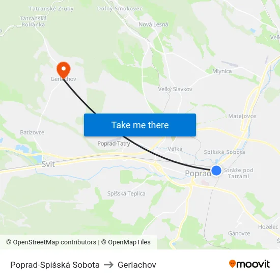 Poprad-Spišská Sobota to Gerlachov map