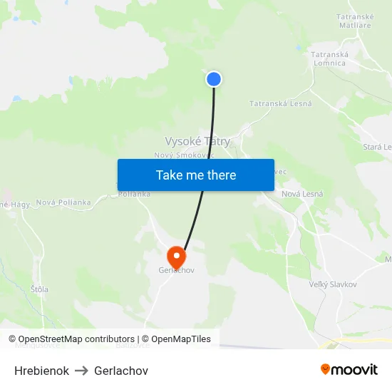 Hrebienok to Gerlachov map