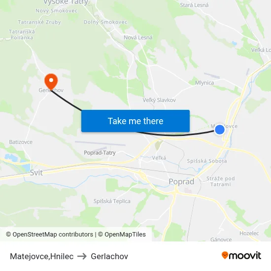 Matejovce,Hnilec to Gerlachov map