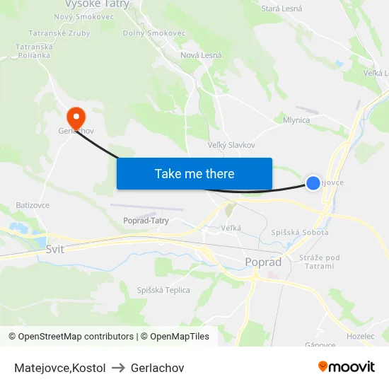 Matejovce,Kostol to Gerlachov map