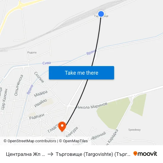 Централна Жп Гара to Търговище (Targovishte) (Търговище) map