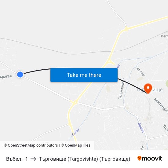 Въбел - 1 to Търговище (Targovishte) (Търговище) map