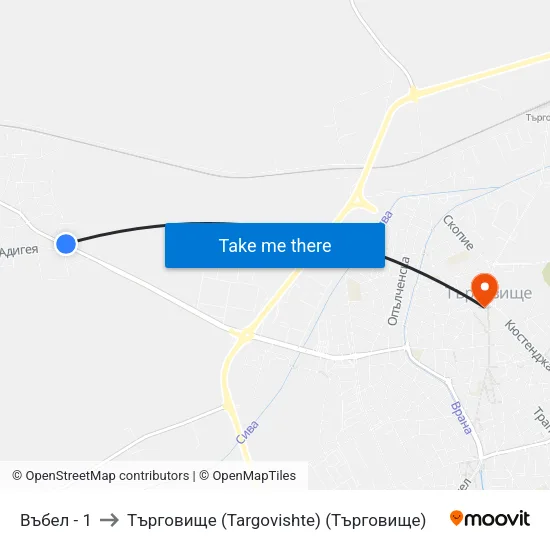 Въбел - 1 to Търговище (Targovishte) (Търговище) map