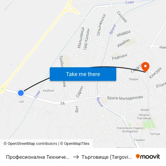 Професионална Техническа Гимназия / Лидъл to Търговище (Targovishte) (Търговище) map