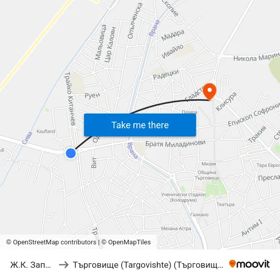 Ж.К. Запад to Търговище (Targovishte) (Търговище) map