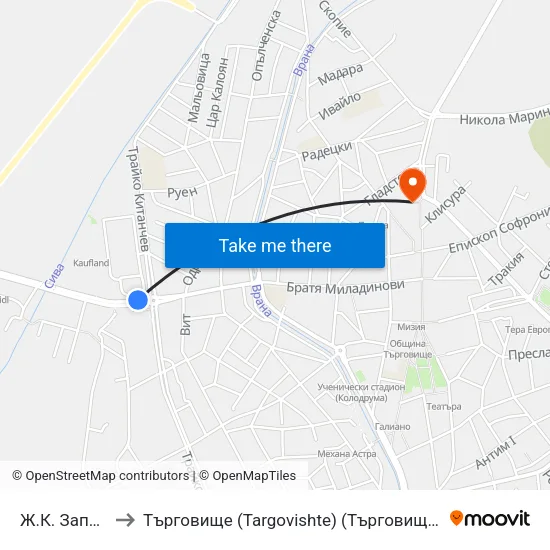 Ж.К. Запад to Търговище (Targovishte) (Търговище) map