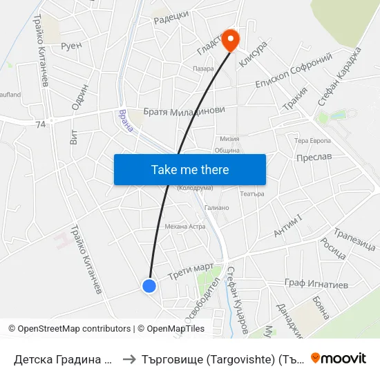 Детска Градина Пролет to Търговище (Targovishte) (Търговище) map