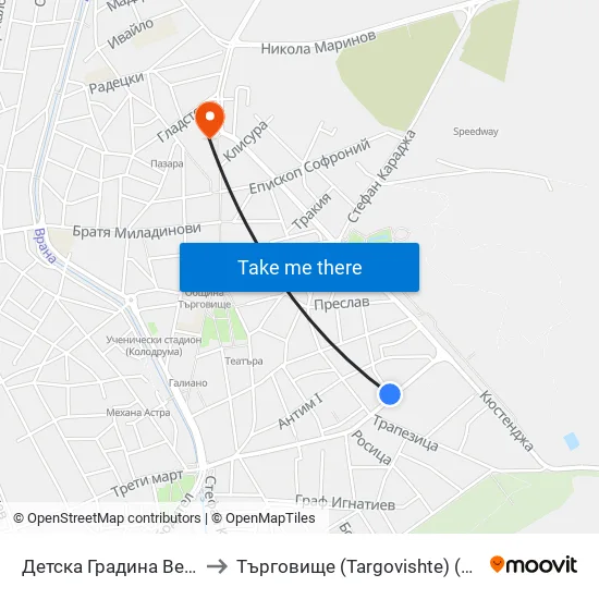 Детска Градина Веселушко to Търговище (Targovishte) (Търговище) map