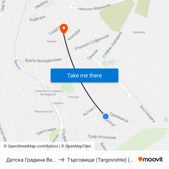 Детска Градина Веселушко to Търговище (Targovishte) (Търговище) map