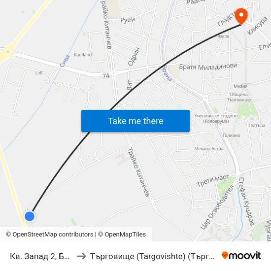 Кв. Запад 2, Бл. 51 to Търговище (Targovishte) (Търговище) map