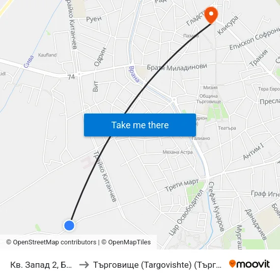 Кв. Запад 2, Бл. 40 to Търговище (Targovishte) (Търговище) map