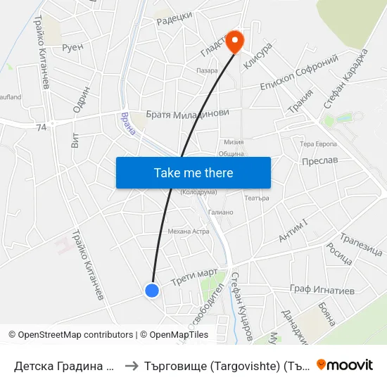 Детска Градина Пролет to Търговище (Targovishte) (Търговище) map
