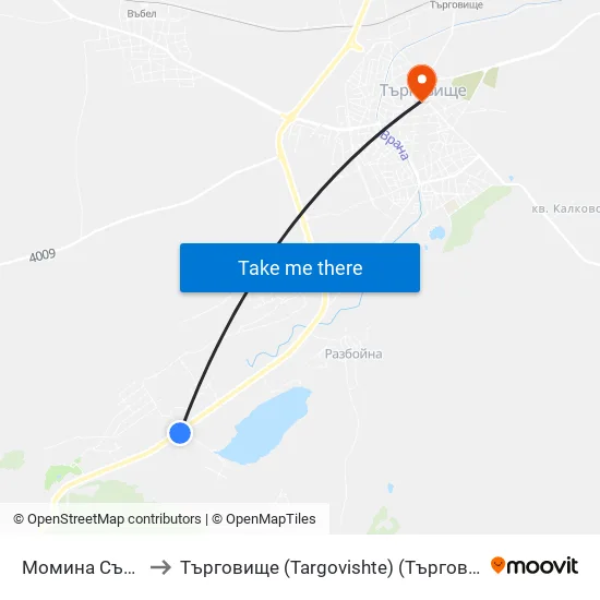 Момина Сълза to Търговище (Targovishte) (Търговище) map