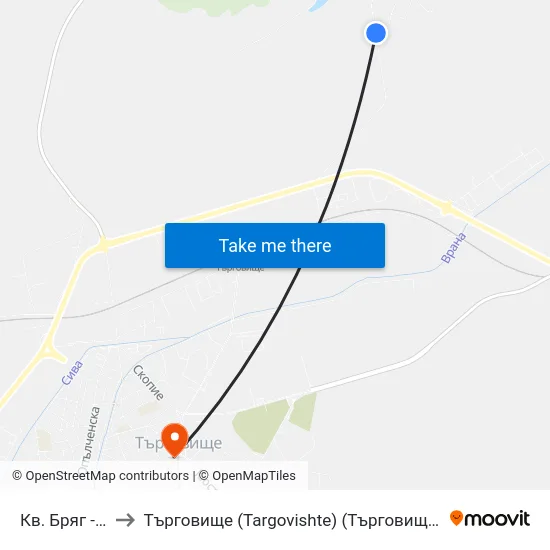 Кв. Бряг - 1 to Търговище (Targovishte) (Търговище) map