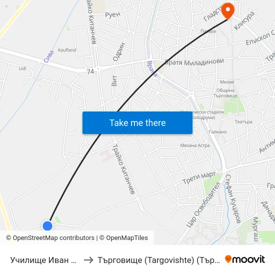 Училище Иван Вазов to Търговище (Targovishte) (Търговище) map
