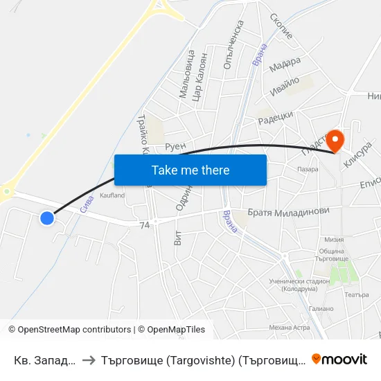 Кв. Запад 3 to Търговище (Targovishte) (Търговище) map