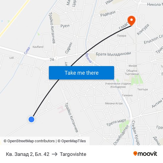 Кв. Запад 2, Бл. 42 to Targovishte map