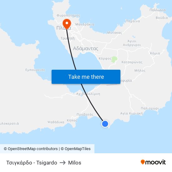 Τσιγκάρδο - Tsigardo to Mílos map