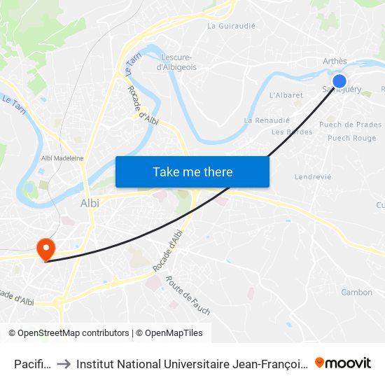 Pacifique to Institut National Universitaire Jean-François Champollion map