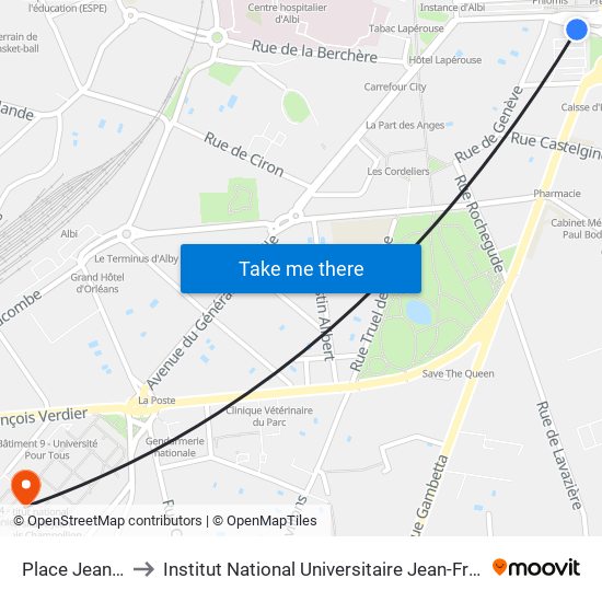 Place Jean Jaurès to Institut National Universitaire Jean-François Champollion map