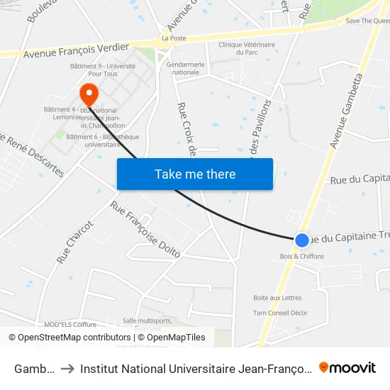 Gambetta to Institut National Universitaire Jean-François Champollion map