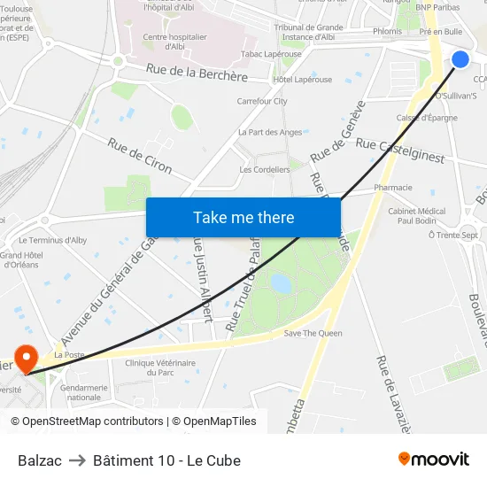 Balzac to Bâtiment 10 - Le Cube map