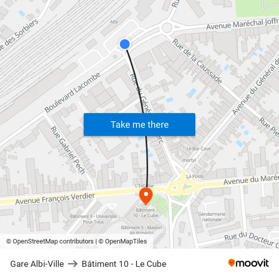 Gare Albi-Ville to Bâtiment 10 - Le Cube map