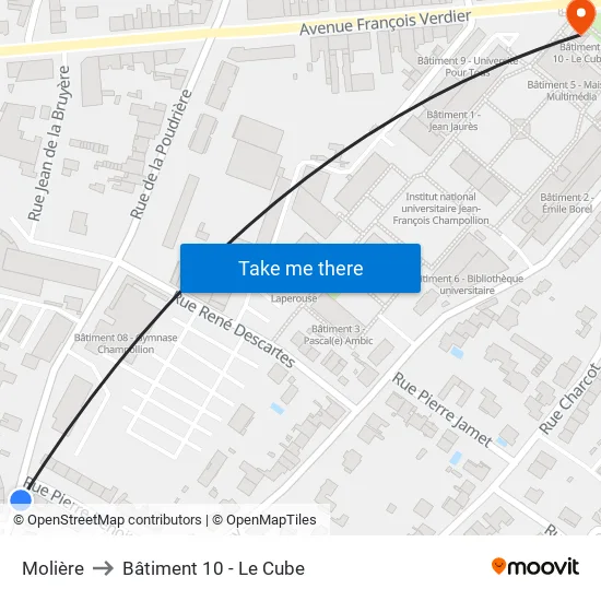 Molière to Bâtiment 10 - Le Cube map