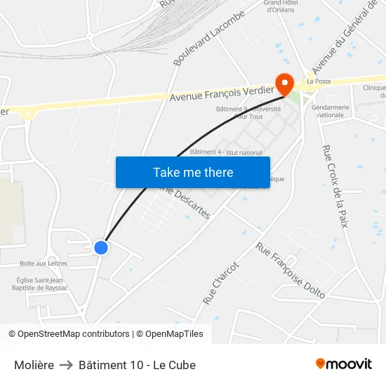 Molière to Bâtiment 10 - Le Cube map