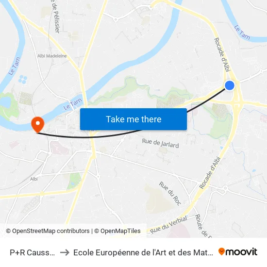 P+R Caussels to Ecole Européenne de l'Art et des Matières map
