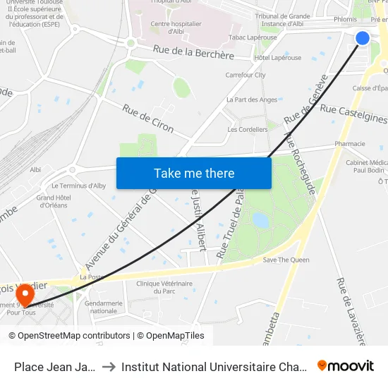 Place Jean Jaurès to Institut National Universitaire Champollion map