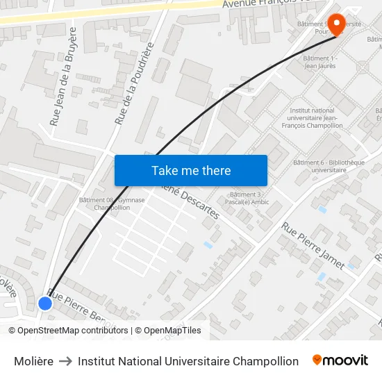 Molière to Institut National Universitaire Champollion map