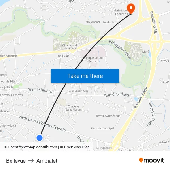 Bellevue to Ambialet map