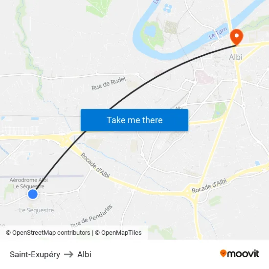 Saint-Exupéry to Albi map