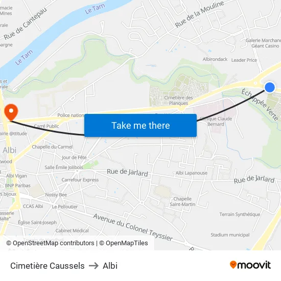 Cimetière Caussels to Albi map
