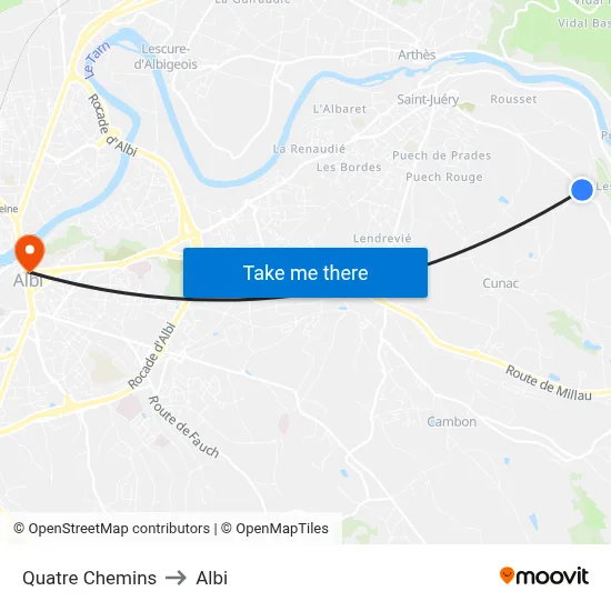 Quatre Chemins to Albi map