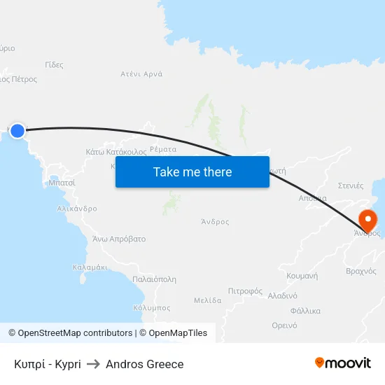 Kypri to Andros Greece map
