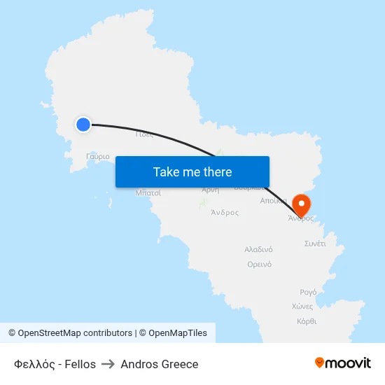 Fellos to Andros Greece map