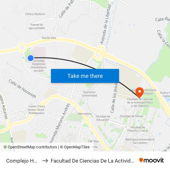 Complejo Hospitalario to Facultad De Ciencias De La Actividad Física Y Del Deporte map