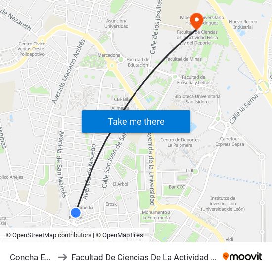 Concha Espina, 6 to Facultad De Ciencias De La Actividad Física Y Del Deporte map