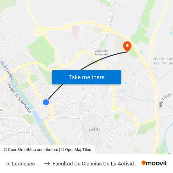 R. Leoneses (Junta Cyl) to Facultad De Ciencias De La Actividad Física Y Del Deporte map