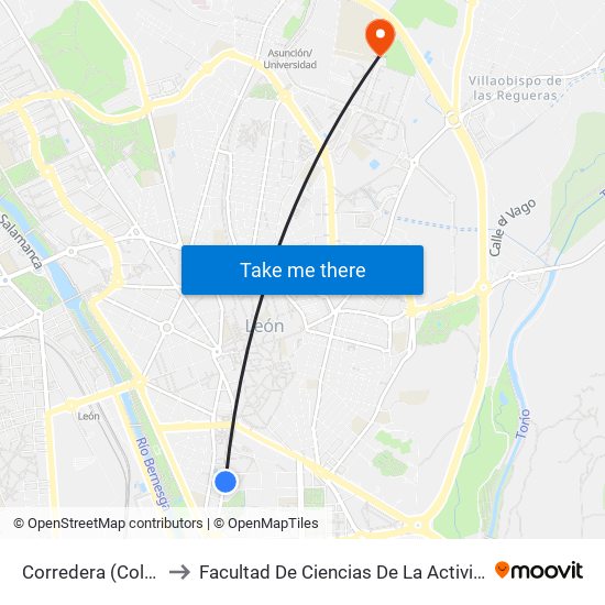 Corredera (Colegio Leonés) to Facultad De Ciencias De La Actividad Física Y Del Deporte map