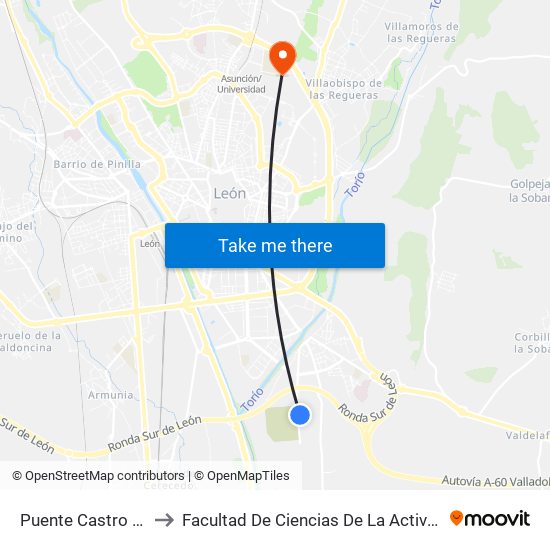 Puente Castro (Cementerio) to Facultad De Ciencias De La Actividad Física Y Del Deporte map